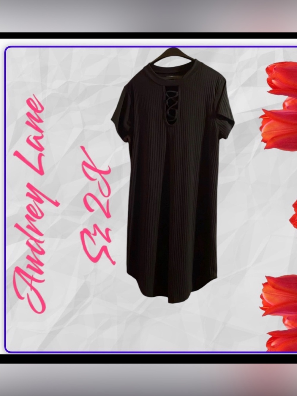 AUDREY LANE SLEEVED BLACK SHIRTTAIL DRESS STRETCHY SHOESTRING NECK OPENING SZ 2X